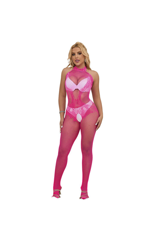 SUBBLIME - 952389 BODYSTOCKING A RETE E PIZZO SENZA CAVALLO CON COLLO ALTO ROSA TAGLIA UNICA
