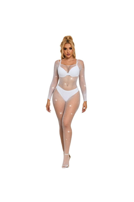 SUBBLIME - 952396 BODYSTOCKING A RETE CON STRASS MANICA LUNGA BIANCO TAGLIA UNICA