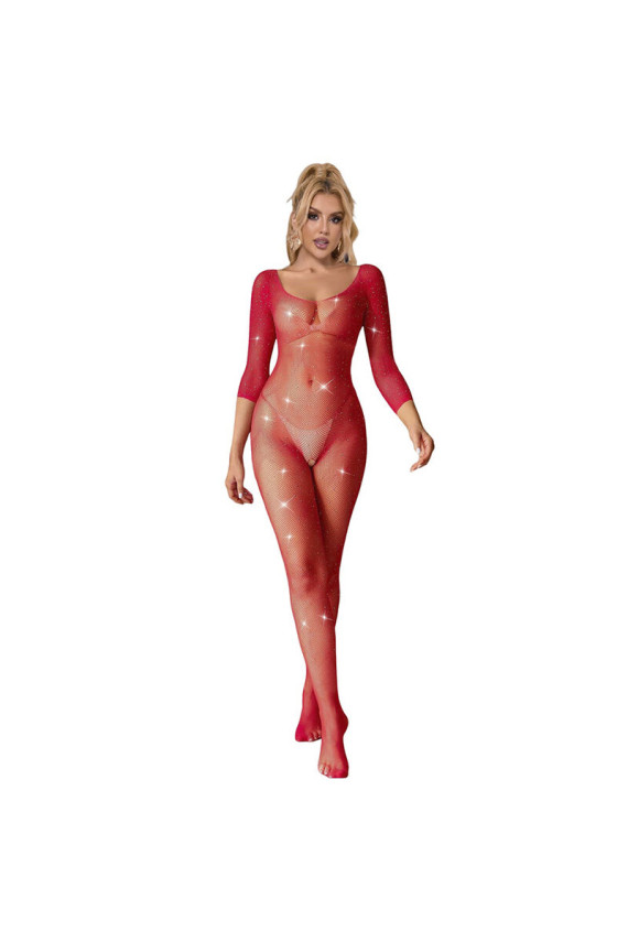 SUBBLIME - 952419 BODYSTOCKING A RETE CON STRASS MANICA LUNGA ROSSO XS/M