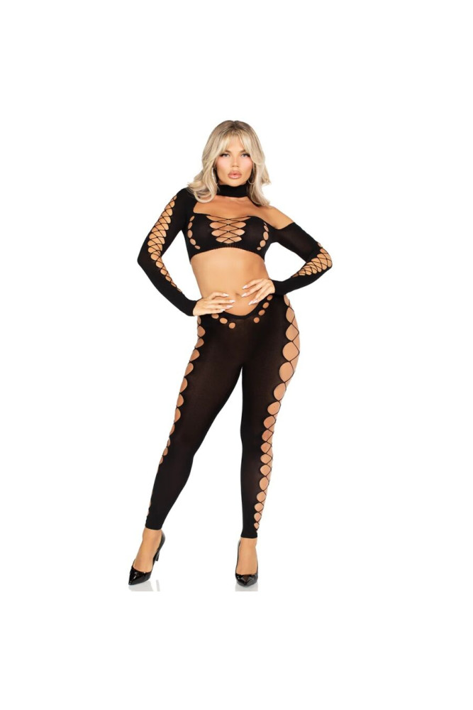LEG AVENUE - TOP CORTO E LEGGINGS CUT-OUT SENZA CUCITURE NERO