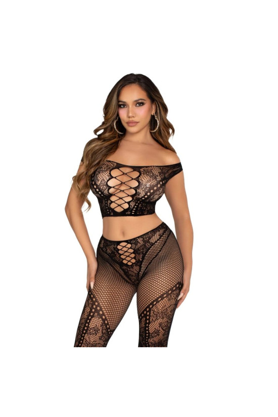 LEG AVENUE - CROP TOP E LEGGING A RETE CON SPALLE SCOPERTE NERO