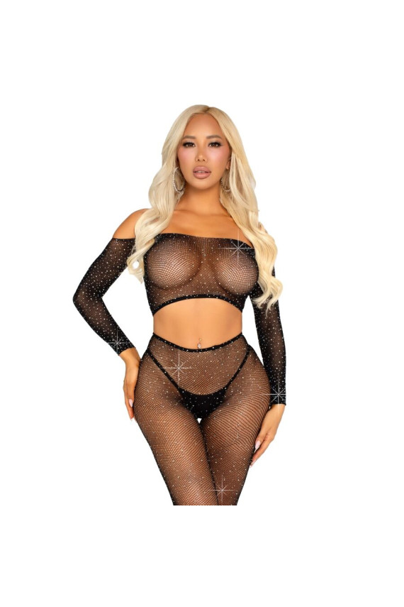 LEG AVENUE - CROP TOP E LEGGING A RETE CON STRASS NERO