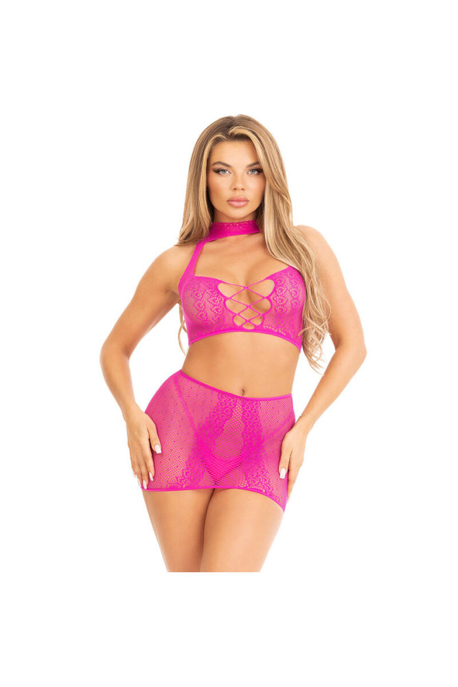 LEG AVENUE - TOP E GONNA IN PIZZO APERTO FUCSIA