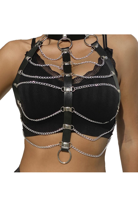 SUBBLIME - PETTORALE CATENE IN PELLE NERA TAGLIA UNICA