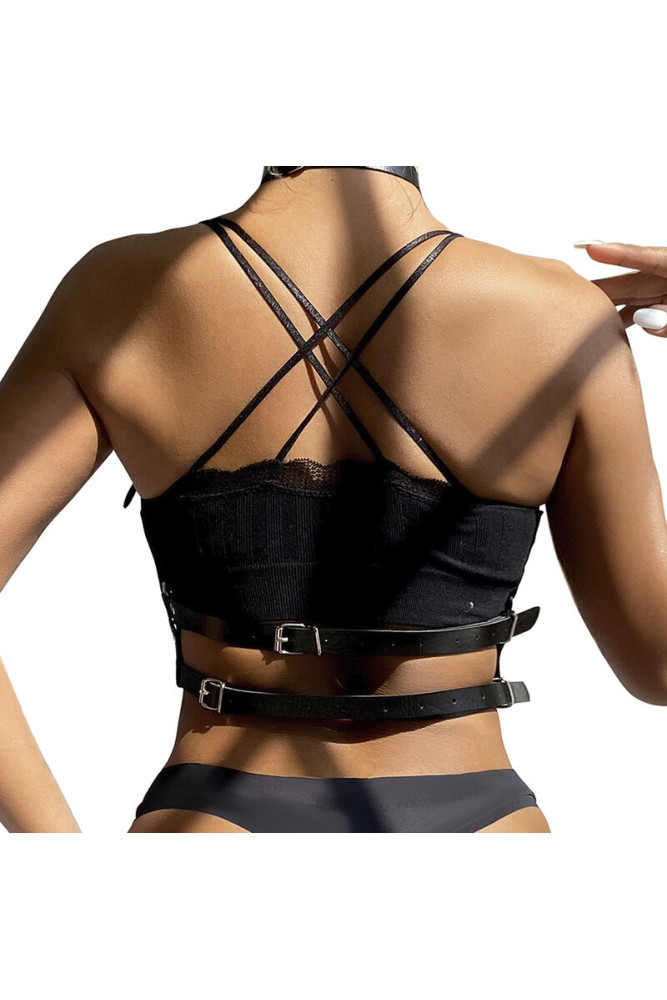 SUBBLIME - PETTORINA CON ANELLO IN PELLE NERA TAGLIA UNICA