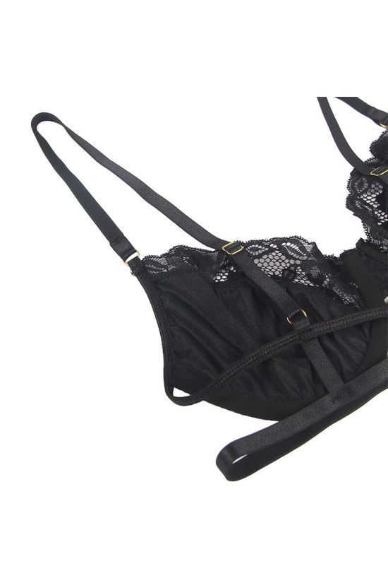 SUBBLIME - SET 3 PEZZI REGGISENO + PERIZOMA + REGGISENO IN PIZZO NERO S/M