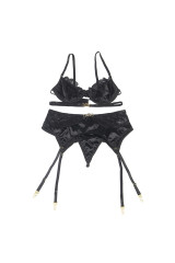 SUBBLIME - SET 3 PEZZI REGGISENO + PERIZOMA + GIARRETTIERA IN PIZZO NERO L/XL