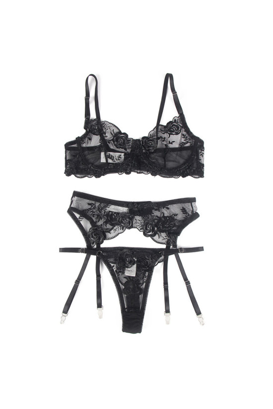 SUBBLIME - SET 3 PEZZI REGGISENO + PERIZOMA + GIARRETTIERA STAMPA FLOREALE NERO S/M
