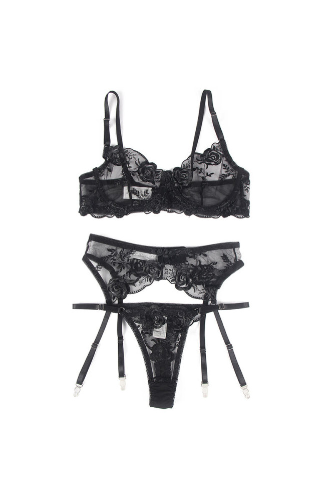 SUBBLIME - SET 3 PEZZI REGGISENO + PERIZOMA + GIARRETTIERA STAMPA FLOREALE NERO S/M