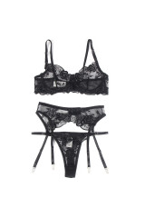 SUBBLIME - SET 3 PEZZI REGGISENO + PERIZOMA + GIARRETTIERA STAMPA FLOREALE NERO S/M