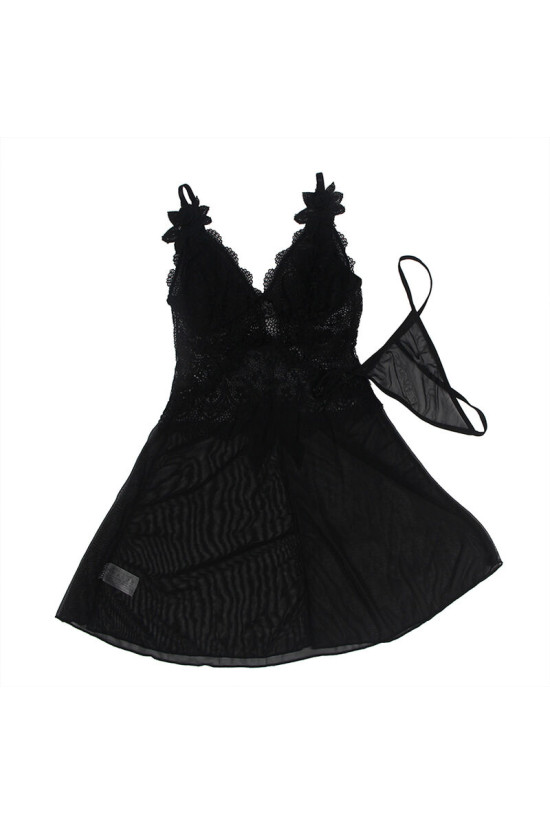 SUBBLIME - BABYDOLL TULLE CON DETTAGLI PIZZO E FIORI NERO L/XL