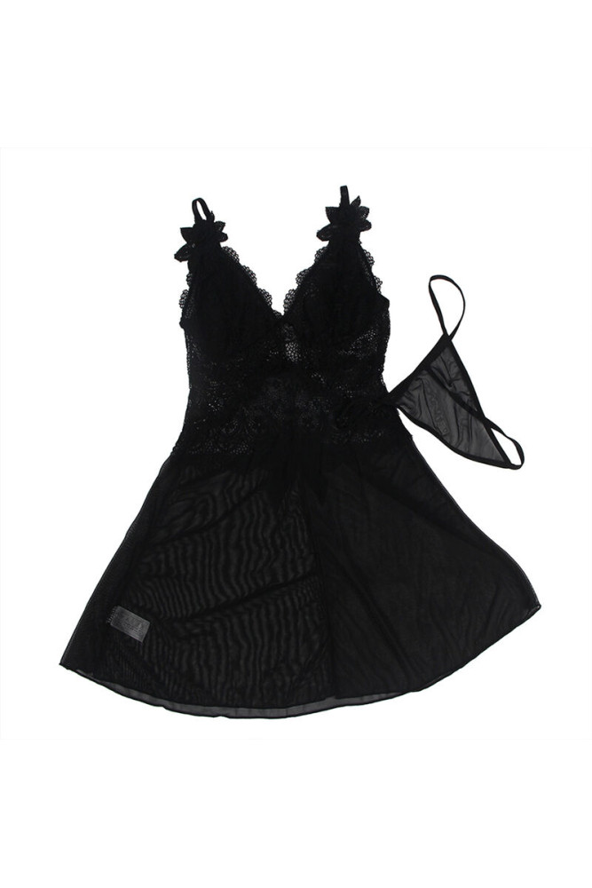 SUBBLIME - BABYDOLL TULLE CON DETTAGLI PIZZO E FIORI NERO L/XL