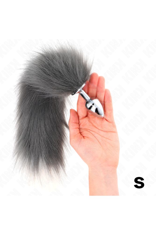 KINK - PLUG ANALE TAGLIA S 7 X 3 CM CON CODA SINTETICA 40 CM GRIGIO E BIANCO