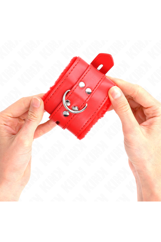 KINK - POLSINI IMBOTTITI IN PELLICCIA CON FORI QUADRI ROSSO E CINTURA ROSSA REGOLABILE 17-29 CM X 6 CM