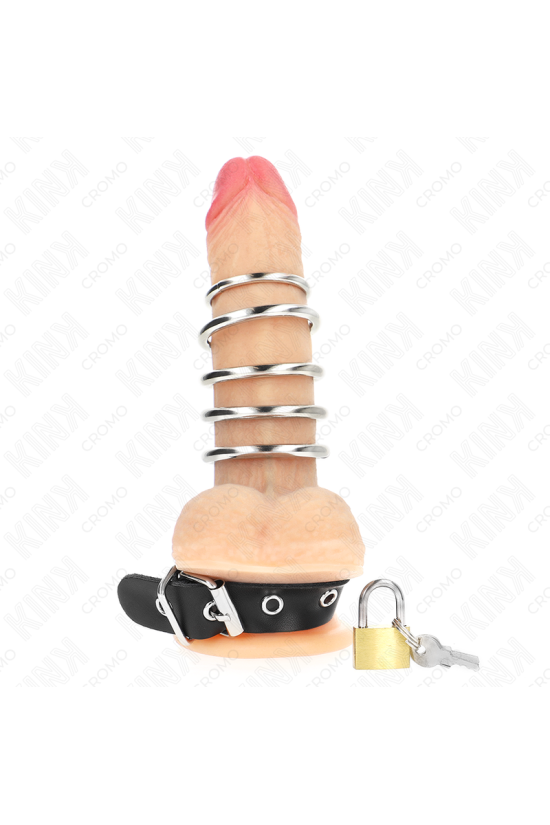 KINK - ANELLO PER PENE IN PELLE CON CINGHIA DI BLOCCAGGIO 21 X 2 CM E 5 ANELLI IN METALLO DA 3 CM A 4 CM