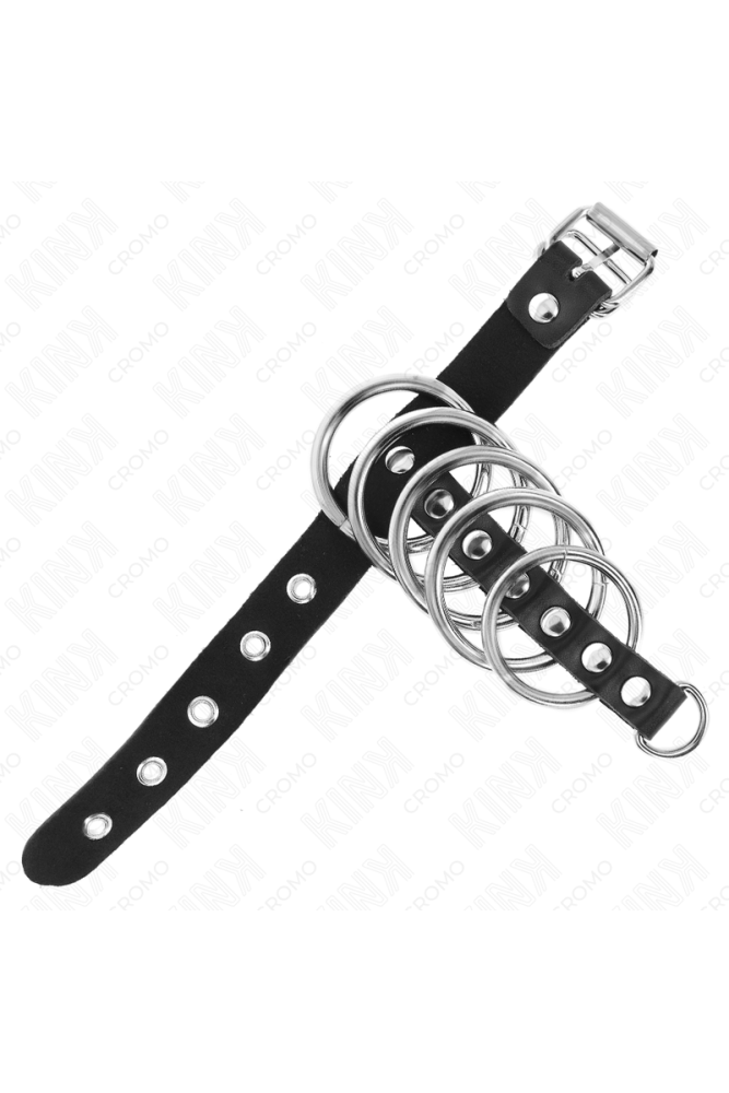 KINK - ANELLO PER PENE IN PELLE CON CINGHIA DI BLOCCAGGIO 21 X 2 CM E 5 ANELLI IN METALLO DA 3 CM A 4 CM