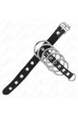 KINK - ANELLO PER PENE IN PELLE CON CINGHIA DI BLOCCAGGIO 21 X 2 CM E 5 ANELLI IN METALLO DA 3 CM A 4 CM