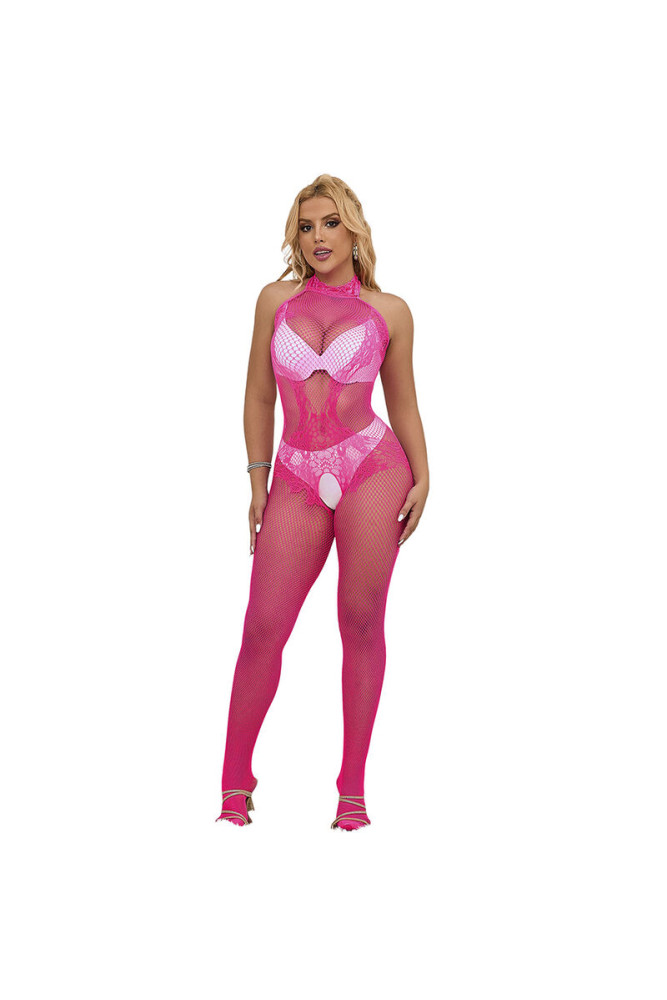 SUBBLIME - 952389 BODYSTOCKING A RETE E PIZZO SENZA CAVALLO CON COLLO ALTO ROSA TAGLIA UNICA