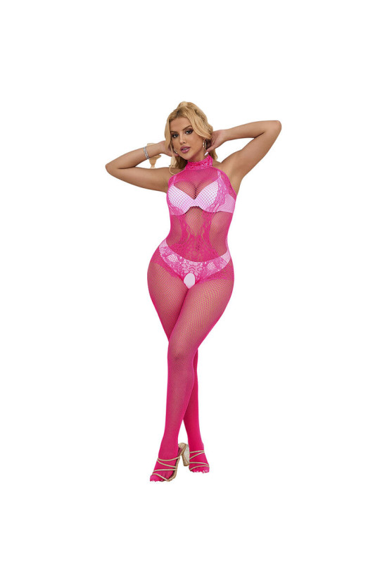 SUBBLIME - 952389 BODYSTOCKING A RETE E PIZZO SENZA CAVALLO CON COLLO ALTO ROSA TAGLIA UNICA