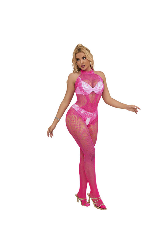 SUBBLIME - 952389 BODYSTOCKING A RETE E PIZZO SENZA CAVALLO CON COLLO ALTO ROSA TAGLIA UNICA