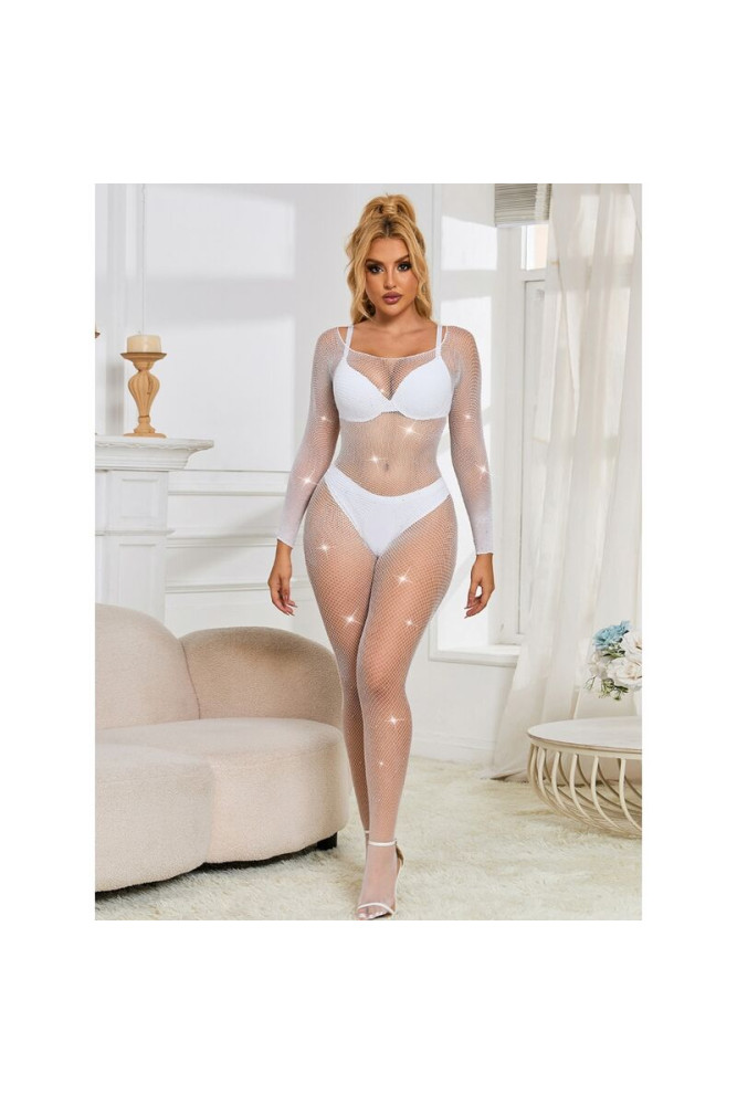 SUBBLIME - 952396 BODYSTOCKING A RETE CON STRASS MANICA LUNGA BIANCO TAGLIA UNICA