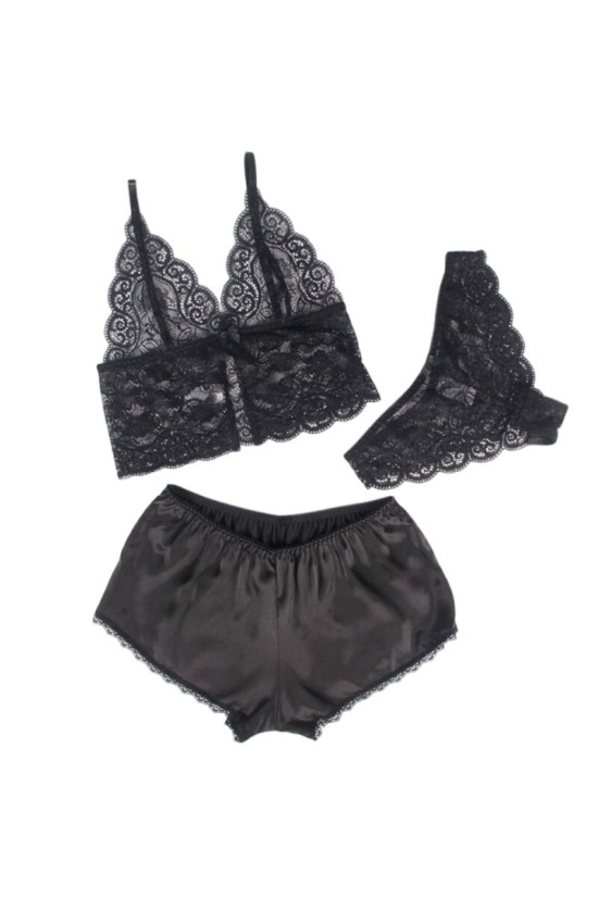 SUBBLIME - 953928 CAMICIA DA NOTTE IN SETA E PIZZO + SLIP NERO L/XL