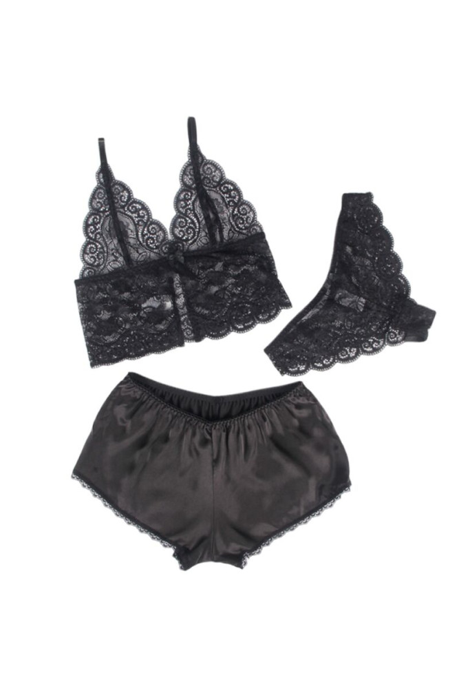 SUBBLIME - 953928 CAMICIA DA NOTTE IN SETA E PIZZO + SLIP NERO L/XL