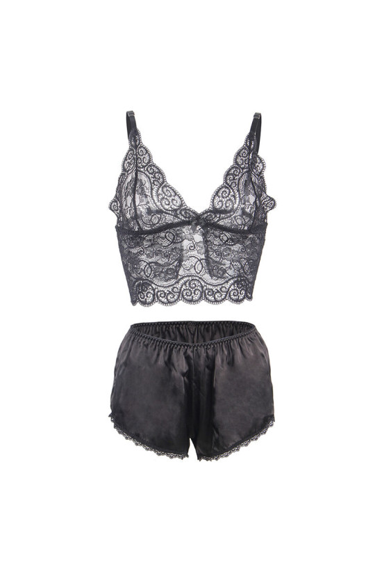 SUBBLIME - 953928 CAMICIA DA NOTTE IN SETA E PIZZO + SLIP NERO L/XL