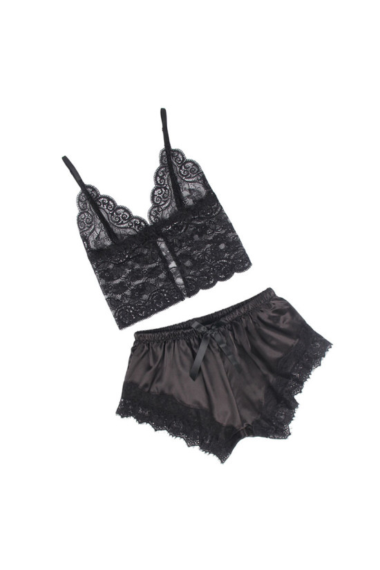 SUBBLIME - 953935 VESTAGLIA DA NOTTE CASUAL IN SETA + PANTALONI IN PIZZO NERO S/M