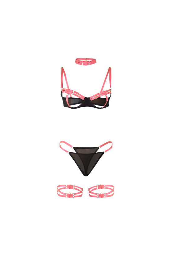 SUBBLIME - 955298 COMPLETO REGGISENO CON COLLANA E DETTAGLI GAMBA ROSA FLUO S/M