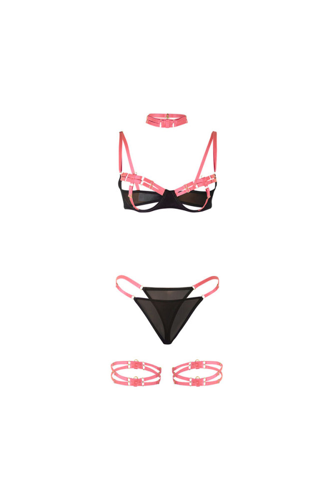 SUBBLIME - 955298 COMPLETO REGGISENO CON COLLANA E DETTAGLI GAMBA ROSA FLUO S/M