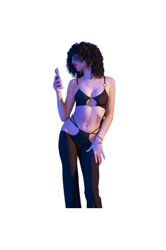 CHILIROSE - CR 4851 SET TOP E LEGGINGS NERI CON ACCESSORI DORATI M