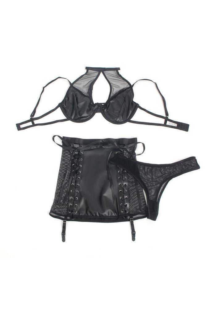 SUBBLIME - 957599 SET REGGISENO E GONNA IN PELLE NERO L/XL