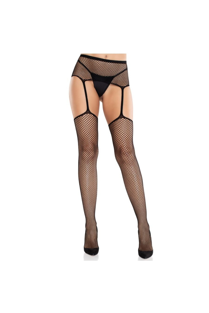 LEG AVENUE - CALZE IN PIZZO CON CROCE E CINTURA REGGICALZE NERE