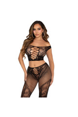 LEG AVENUE - CROP TOP E LEGGING A RETE CON SPALLE SCOPERTE NERO