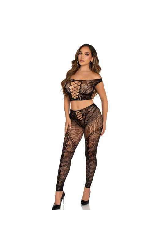 LEG AVENUE - CROP TOP E LEGGING A RETE CON SPALLE SCOPERTE NERO