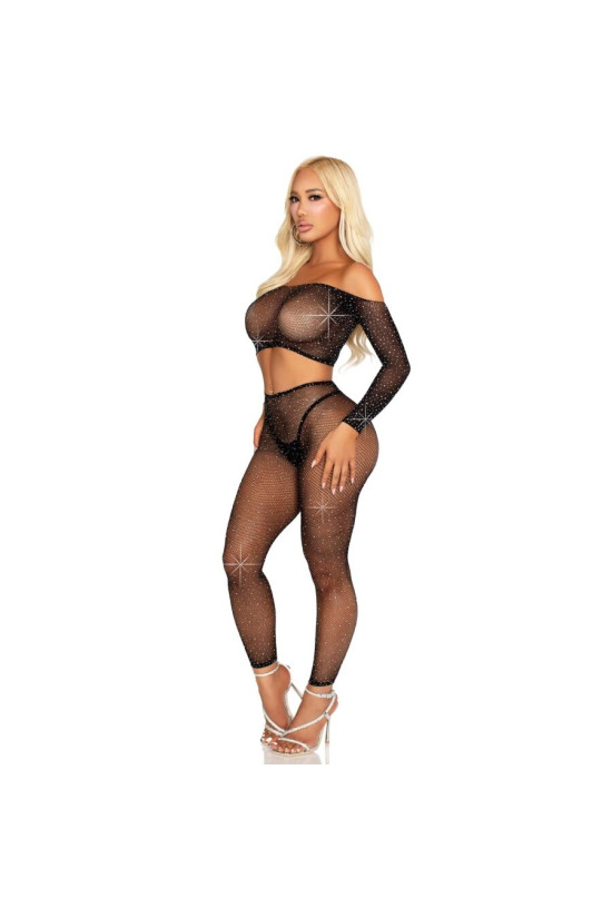LEG AVENUE - CROP TOP E LEGGING A RETE CON STRASS NERO