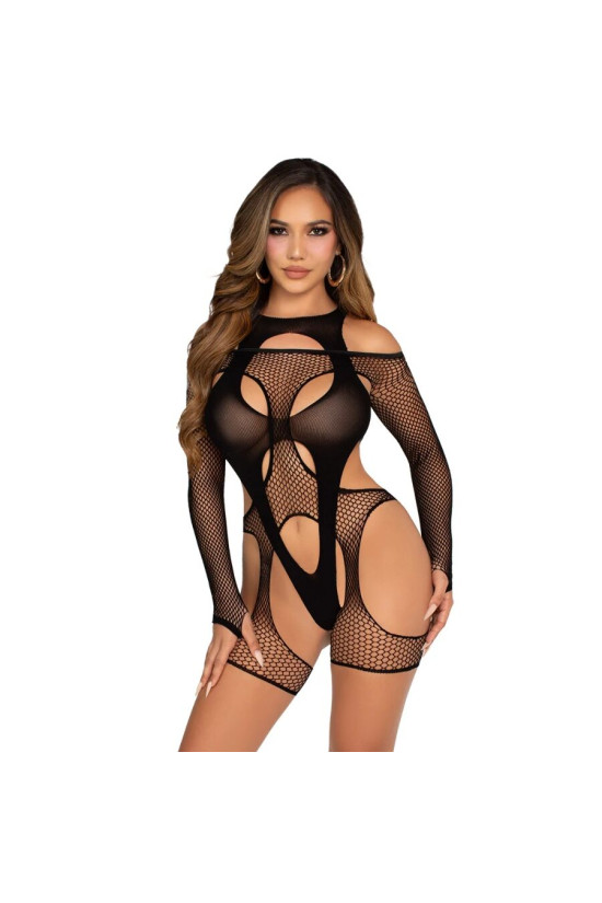 LEG AVENUE - BODYSTOCKING A RETE CON CINTURA E IMBRACATURA NERA