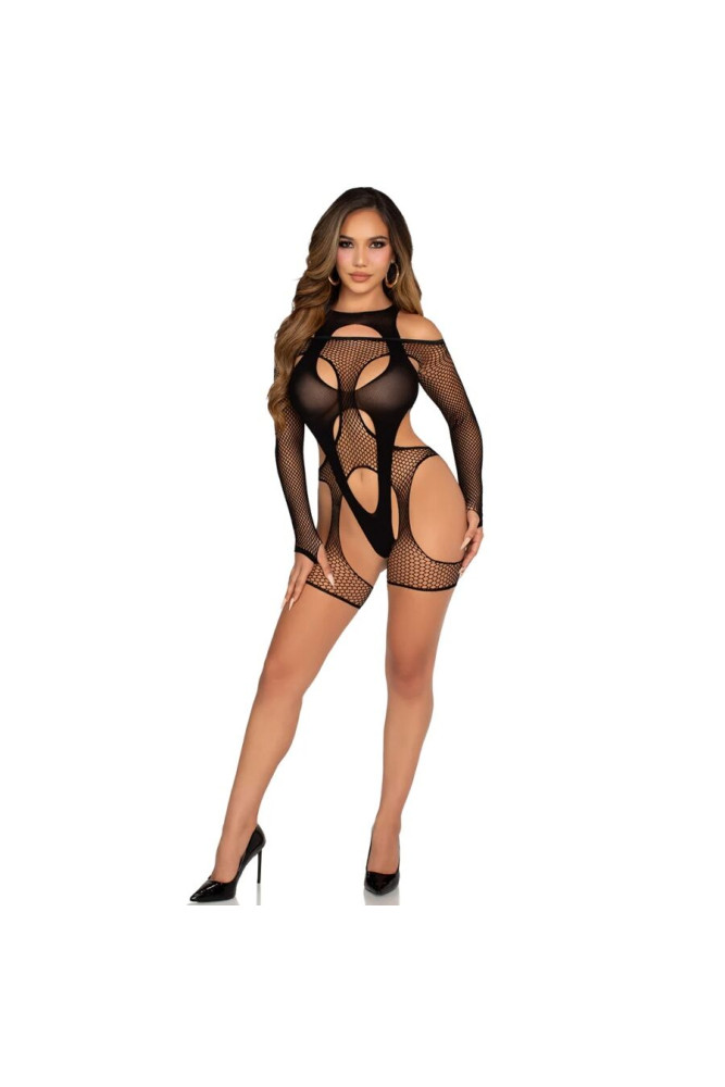 LEG AVENUE - BODYSTOCKING A RETE CON CINTURA E IMBRACATURA NERA