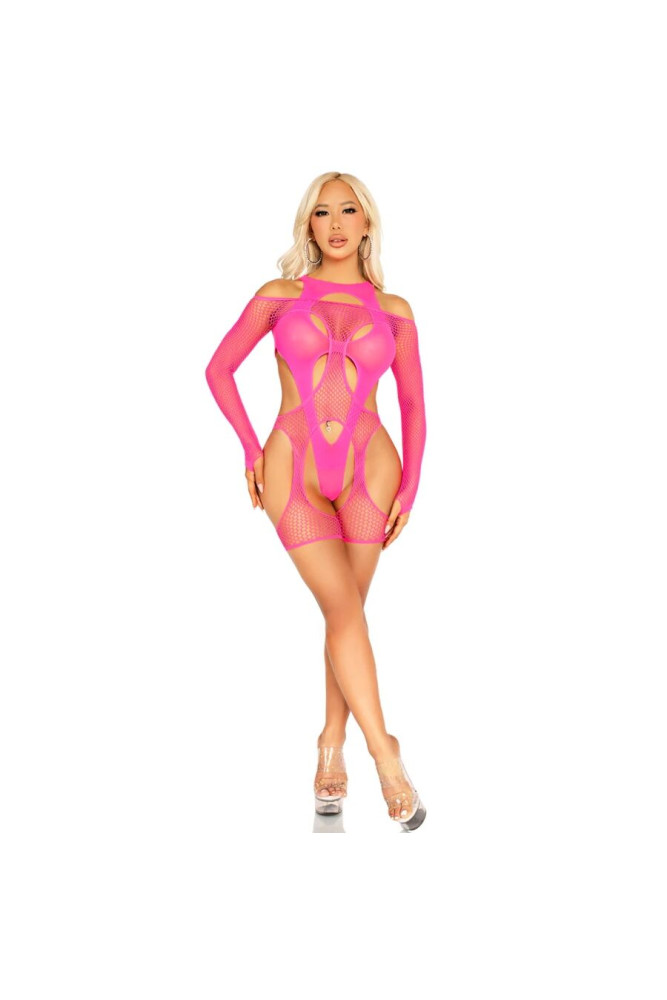 LEG AVENUE - BODYSTOCKING A RETE CON CINTURA E IMBRACATURA ROSA NEON
