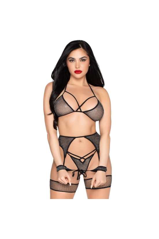 LEG AVENUE - 89362 SET TOP + PERIZOMA + GIARRETTIERA + MANETTE NERO - TAGLIA UNICA