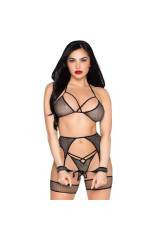 LEG AVENUE - 89362 SET TOP + PERIZOMA + GIARRETTIERA + MANETTE NERO - TAGLIA UNICA