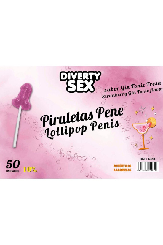 DIABLO GOLOSO - 50 LECCA-LECCA A FORMA DI PENE GIN TONIC GUSTO FRAGOLA 10% ALCOOL