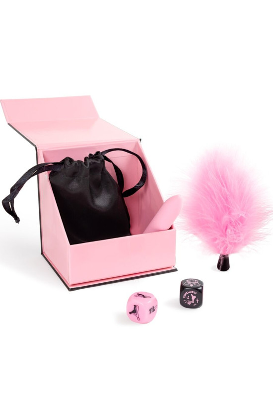 SECRET PLAY - PLEASURES BOX PER COPPIE: DADI + PROIETTILE VIBRANTE + PENNA CON PIUMA