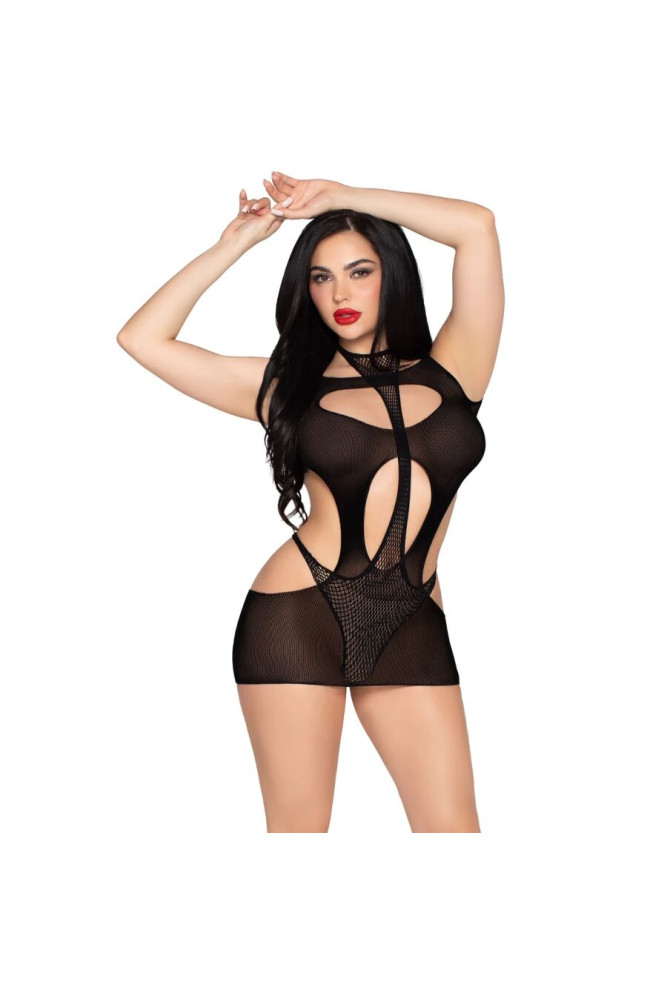LEG AVENUE - 81680 MINI ABITO OPACO E TEDDY CON SCOLLO A V NERO - TAGLIA UNICA