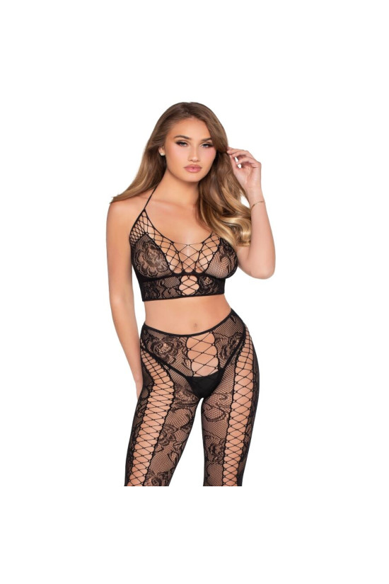 LEG AVENUE - 89368 TOP CORTO IN RETE E PIZZO E COLLANT NERO - TAGLIA UNICA