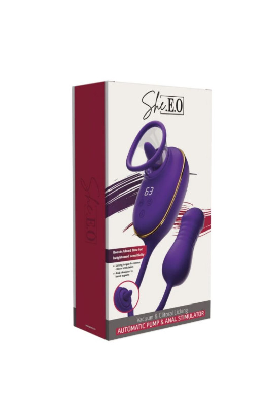 SHE.E.O - STRUMENTO DI ASPIRAZIONE CLITORIDEA CON EFFETTO LECCHIO E STIMOLATORE ANALE VIOLA