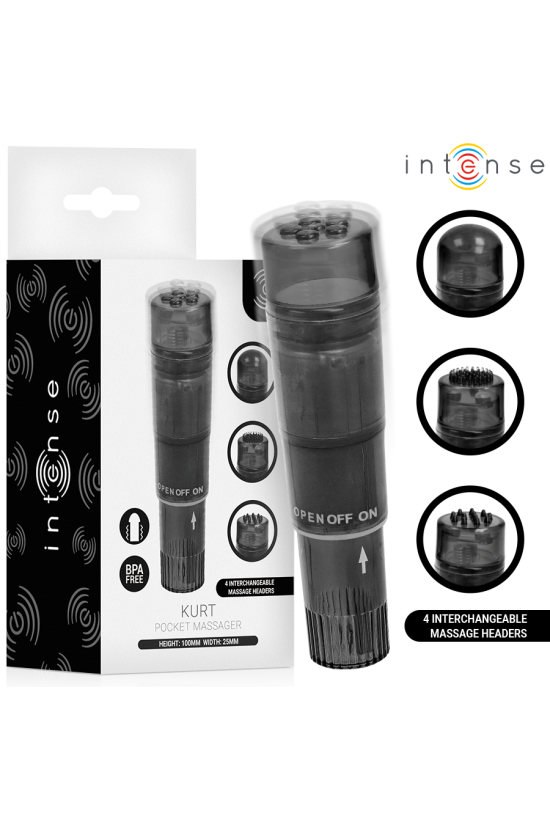 INTENSE - MINI MASSAGGIATORE KURT CON 4 TESTINE INTERCAMBIABILI NERO