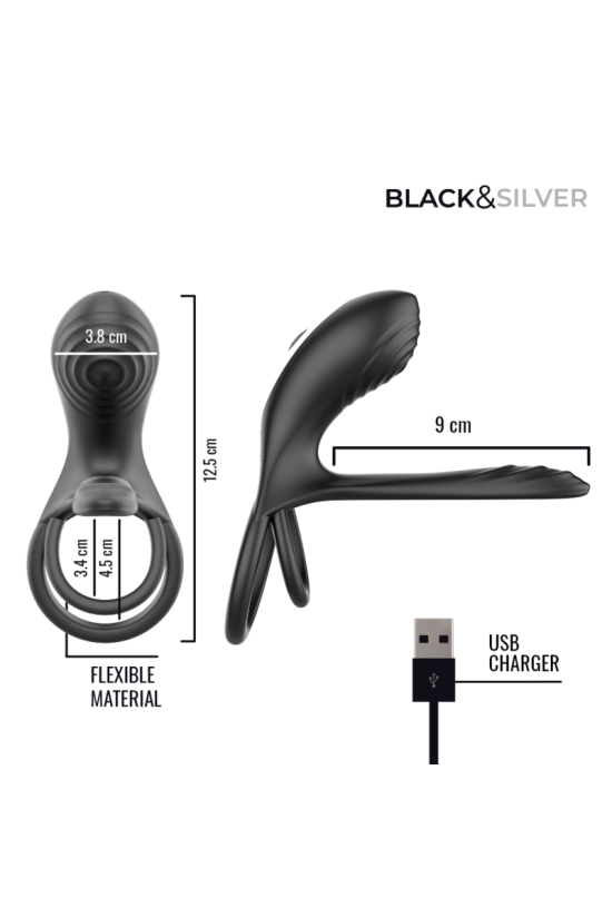 BLACK &amp; SILVER - ANELLO VIBRANTE RICARICABILE RIPLEY CON TELECOMANDO NERO