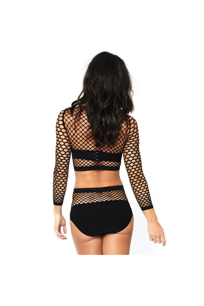 LEG AVENUE - SET 2 PEZZI IN RETE TOP MANICHE LUNGHE E VITA ALTA TAGLIA UNICA